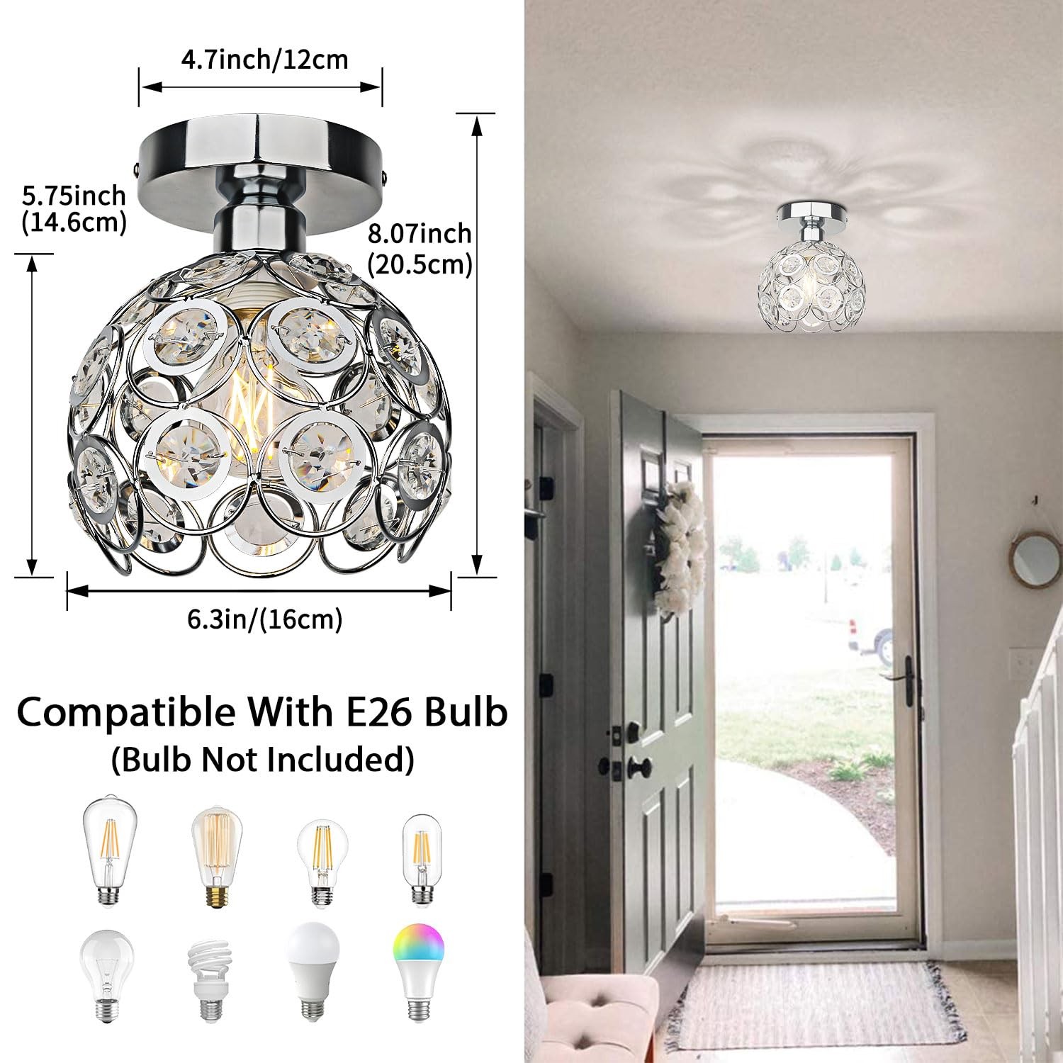 Modern Semi Flush Mount Ceiling Light Fixture, Mini Chandelier Crystal Lamp,
