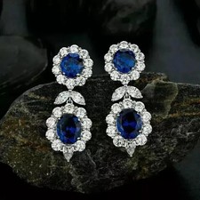 3Ct Oval Cut Lab Created Sapphire Drop/Dangle Earrings 14K White Gold Plated