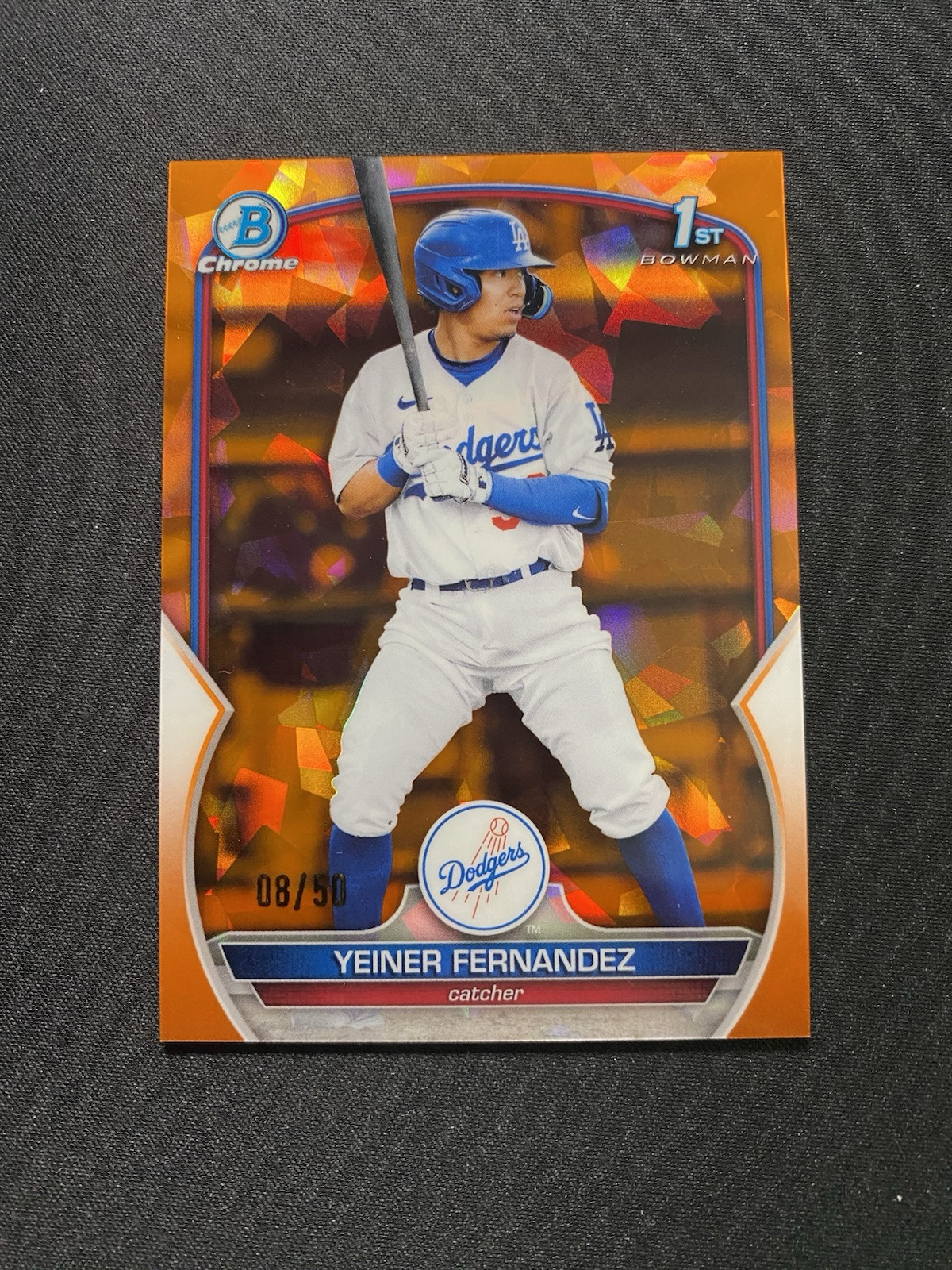 2023 Bowman Chrome Sapphire Orange Refractor Yeiner Fernandez #/50 Dodgers 1st