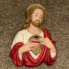 VINTAGE GORGEOUS HAND PAINTED SACRED HEART OF JESUS WALL PLAQUE STATUE 14" X 9"