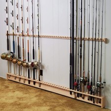 Fishing Rod Rack, Vertical Wall Mount, 94" Wide, 46 Spaces, Unfinished Red Oak