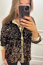 PLUS SIZE Ladies Sequin Glitter Blouse Shirts Christmas Party Button Up Top 6-20