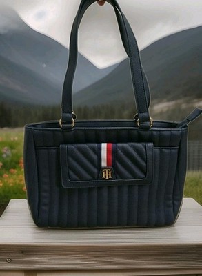 Tommy Hilfiger Navy Blue Quilted Shopper Tote w/ Front Flap Pocket New With Tag 