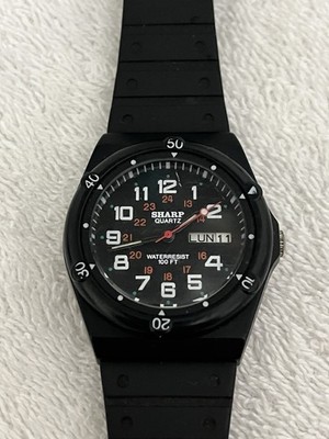 Sharp Quartz Black Dial Rubber Strap Quartz Day Date 30m WR 30mm Watch