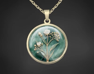 Halskette Kette Mit Rundem Amulett Anhänger Elegant Blumen Gold Grün Edelstahl - Bild 1 von 4