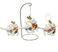 3 Flocked White Reindeer Christmas Tree Ornaments Rainbow Scarf Gold Antlers