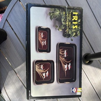 Iris 3-Piece Lacquered Rectangle Serving Tray Set Floral Pattern with Handles