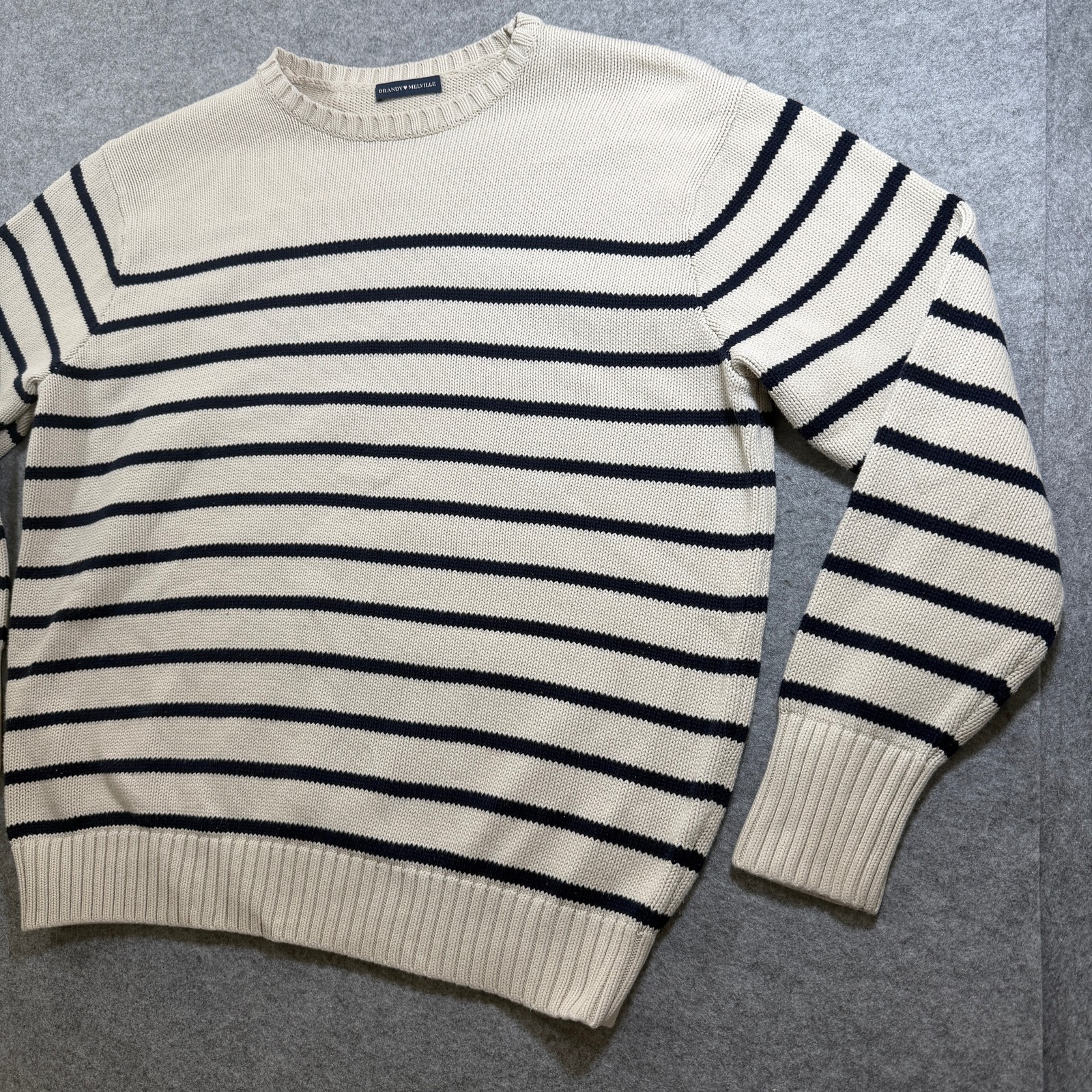 Brandy Melville Sweater Womens Cream Navy Striped Cotton Crew Neck Relaxed Fit thumbnail 9