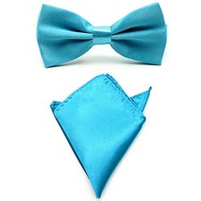 Men Satin Solid Color Pre-tied Tuxedo Bowtie Bow Tie Handkerchief Lake Blue