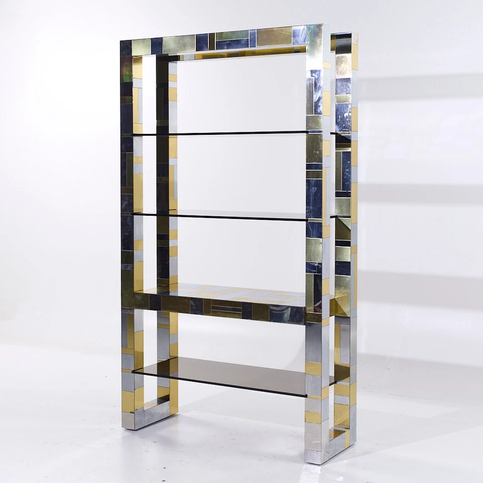 Librería independiente Paul Evans Cityscape Mid Century de latón y cromo Foto 3 de 4