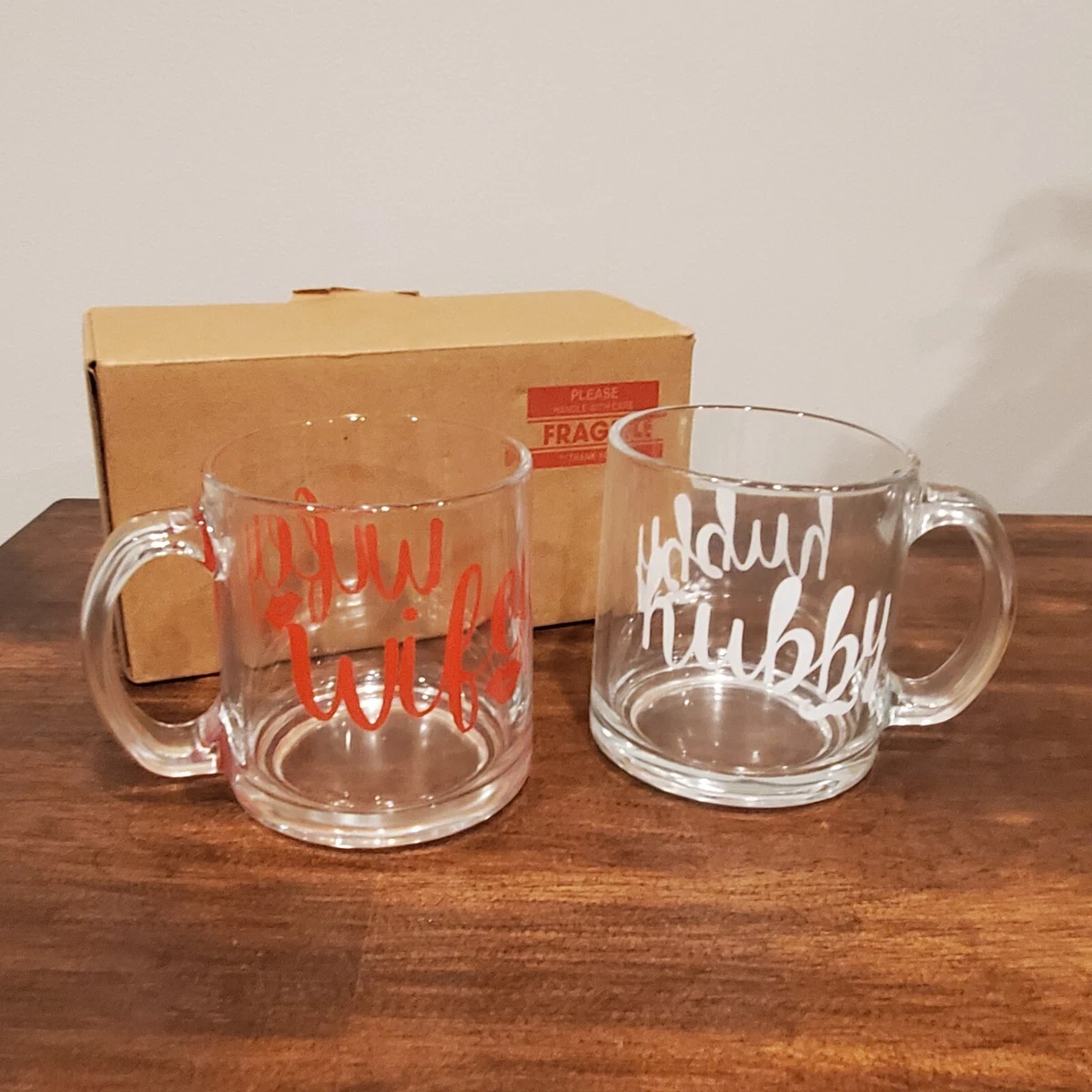 New Wifey and Hubby 13oz Glass Coffee Mugs Couples Sets Wedding