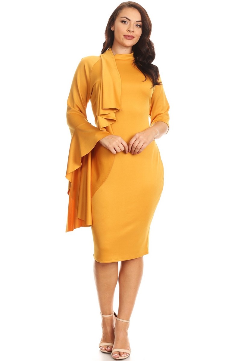 mustard bodycon midi dress Plus Size Mustard Long Bell Sleeve Mock Neck Bodycon Midi Dress 1X 2X 3X