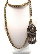 Vintage Large King Tut Pendant on Chunky Gold Tone Curb Link Chain Egyptian Phar