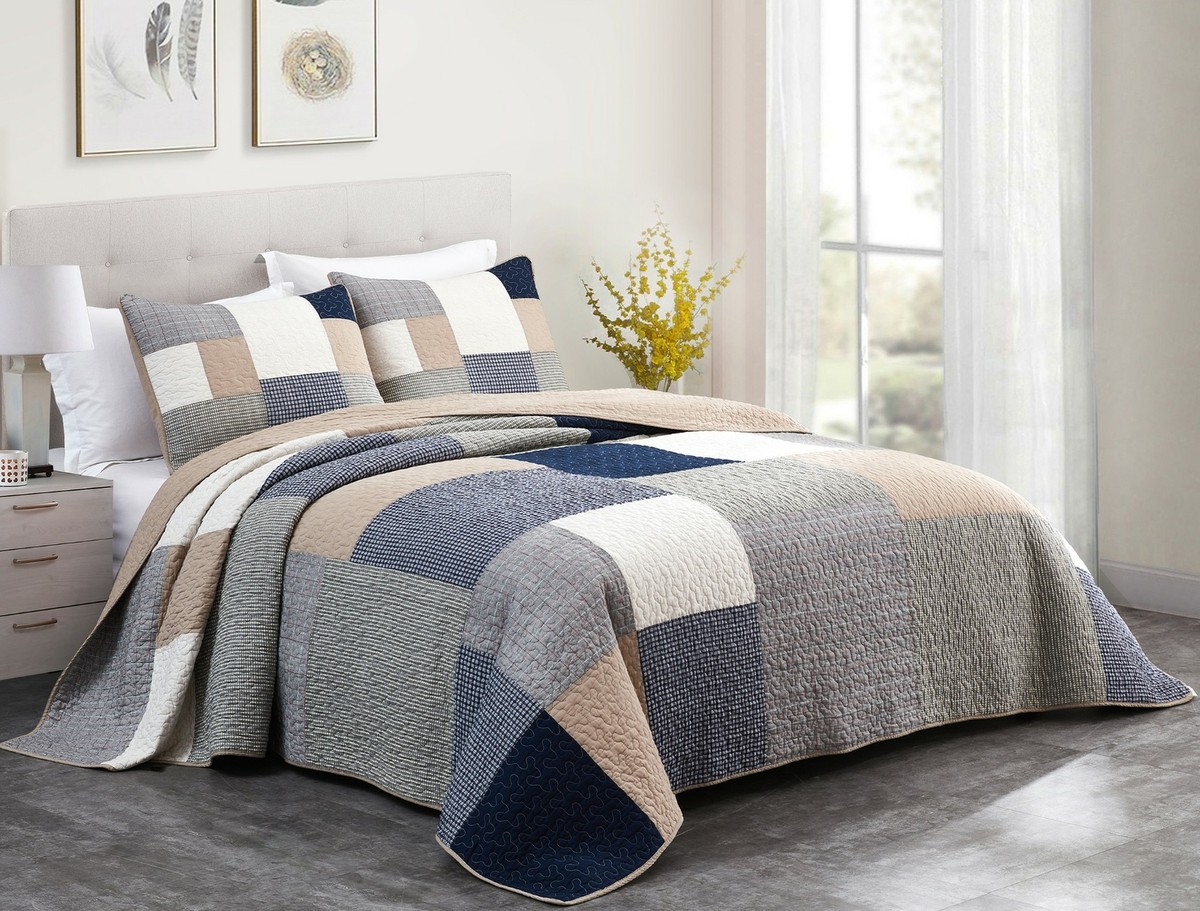 Addy Gray Taupe Plaid Patchwork Bedspread Coverlet Pre