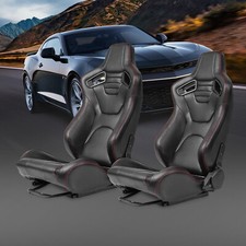 Pair Universal Racing Bucket Seatsblack Pvc Leather Red Diamond Stitch Reclinab
