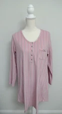 EARTH ANGELS Womens L Gray Pink Striped Long Sleeve Buttons Lace Trim Nightgown