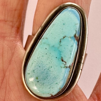 Navajo Turquoise Ring Blue Golden Hills Sz 9 Adjust Signed AM Sterling Native