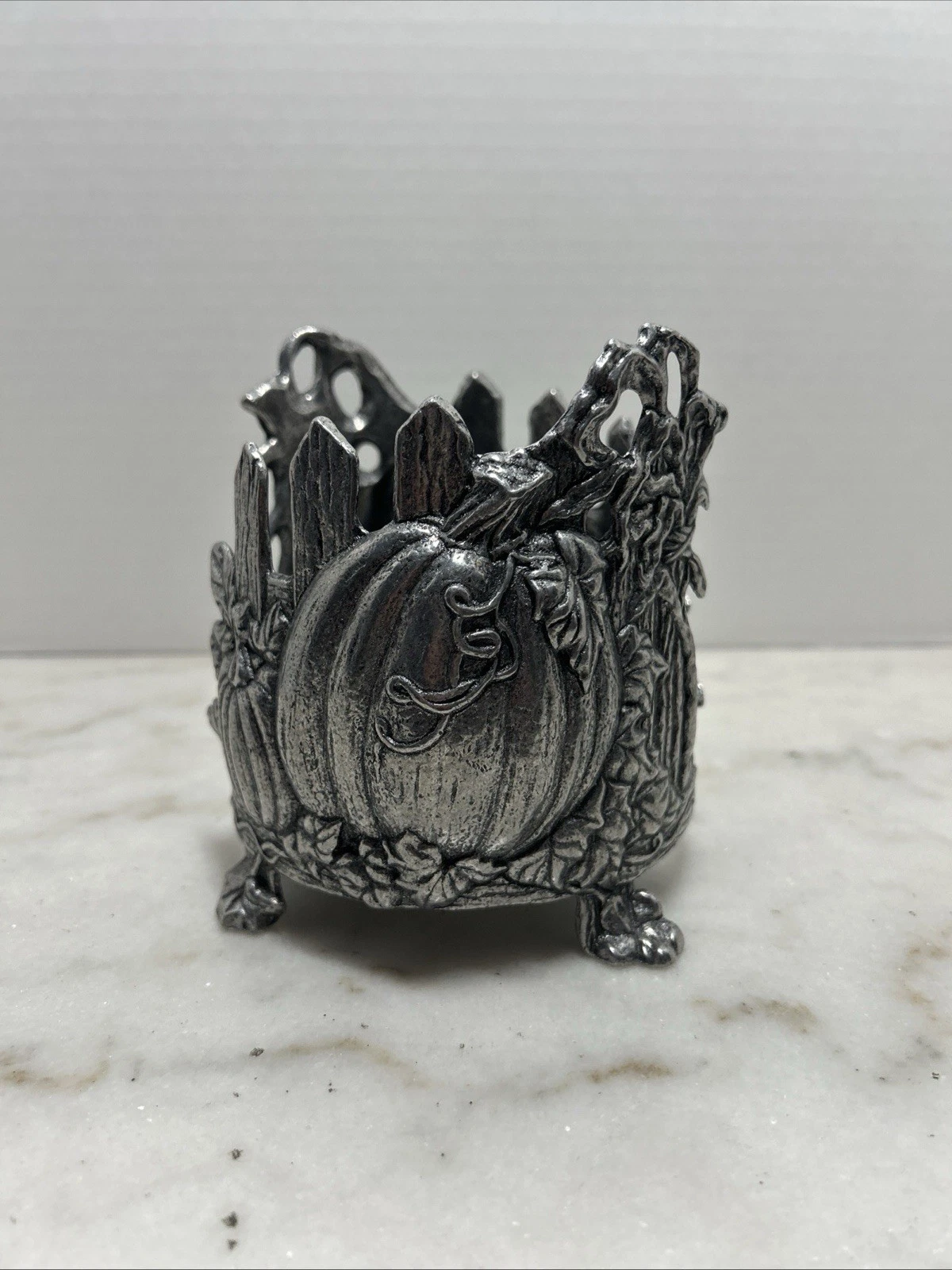 Carson Pewter Lg Jar Candle Holder Fall Theme Pumpkins Harvest  Thanksgiving