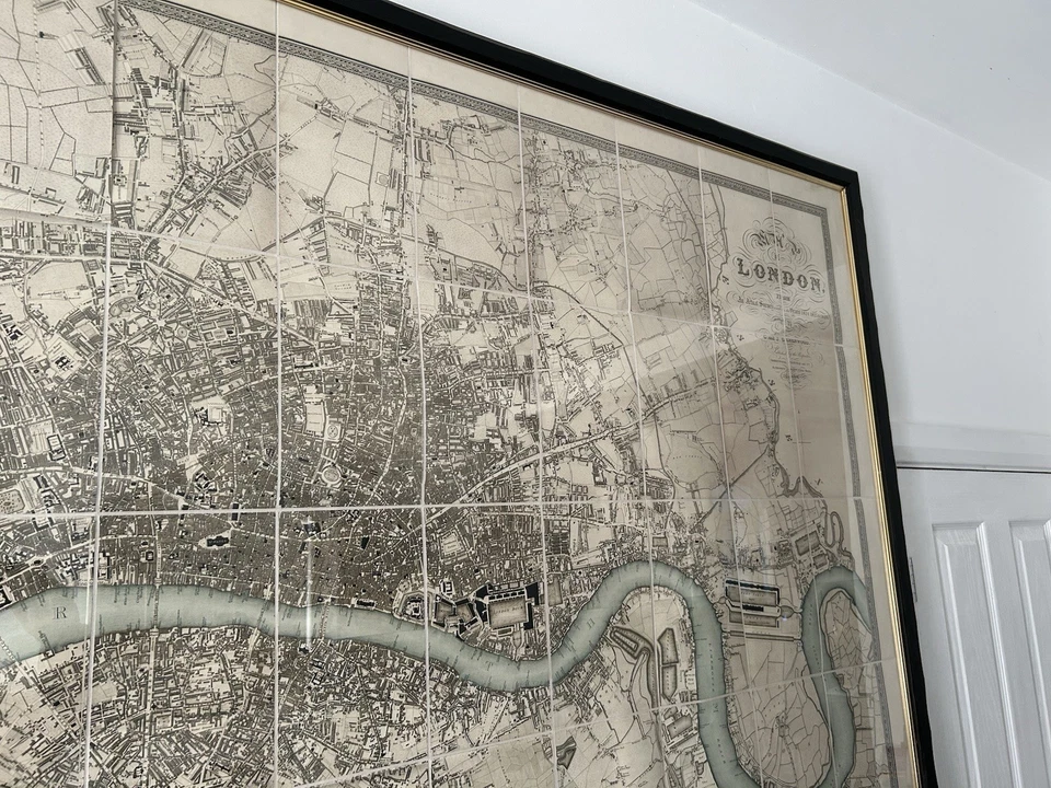 Greenwood's Map of London Blue River circa 1827 enmarcado negro envejecido 81”x53” Foto 4 de 4