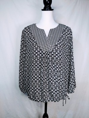 Laundry By Shelli Segal Blouse 3/4 Sleeve Drawstring Hem Sz XL Black & White