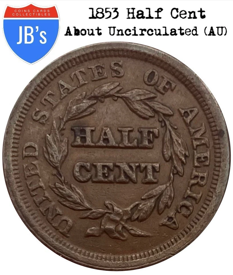 1853 U.S. HALF CENT - Braided Hair - ABOUT UNCIRCULATED (AU) - Image 2 of 4