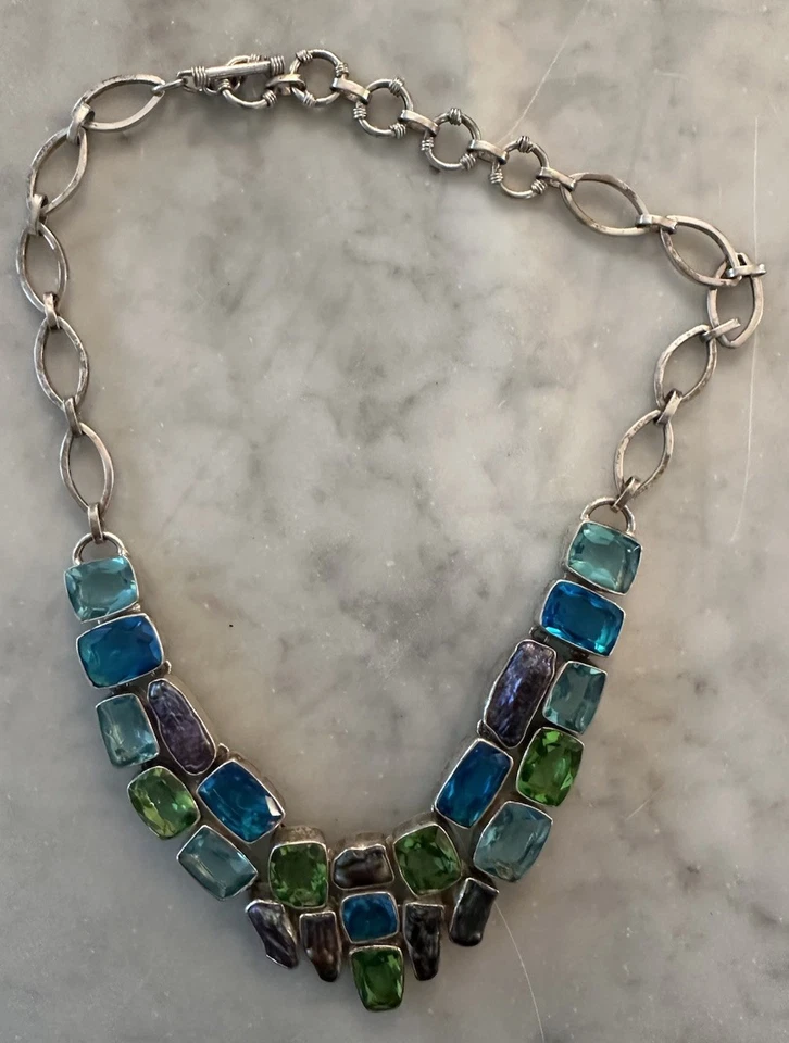 Collar Artesanal Aguamarina Peridoto Amatista Topacio Azul Piedra Grueso Plata 925 Foto 2 de 4