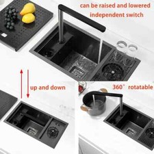 Kitchen Sink Set Hidden Stainless Sink w/Glass Rinser &Sink Cover Single Bowl UK