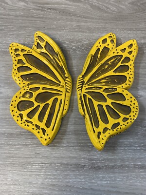 Vintage Wall Hanging Butterfly Set Handmade Hand painted Resin Yellow Brown Cute