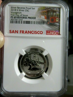 2018-S Voyageurs REVERSE PROOF SILBER Viertel, ERSTER TAG, Trolley, NGC PF-69