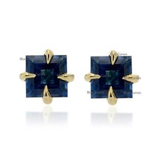Solitaire Princess Cut Natural Blue Sapphire Tiny Studs Earrings 14k Yellow Gold