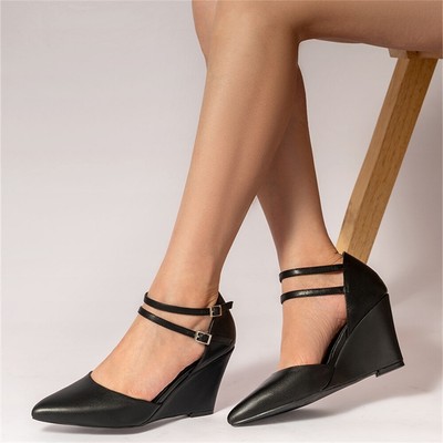 Damen D'Orsay Keilabsatz Spitze Elegant Doppelschnallenriemen Business Pumps
