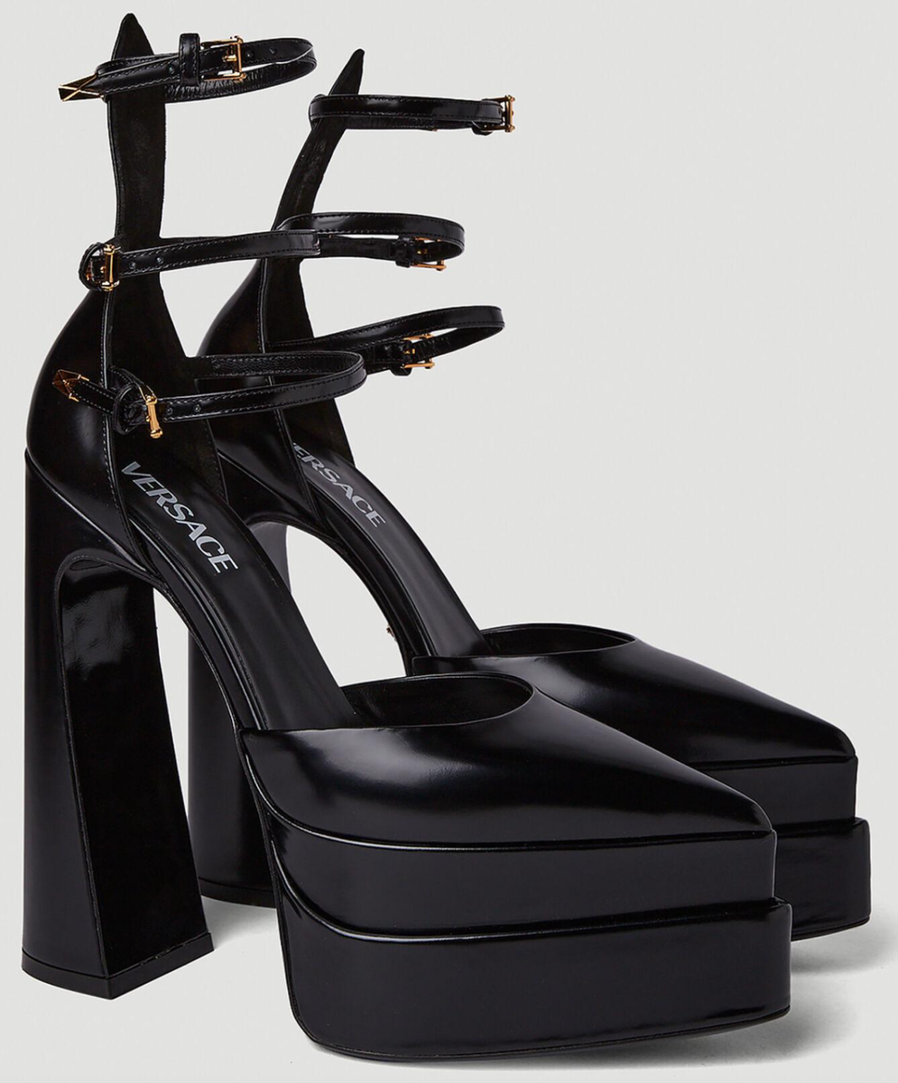 NIB Versace Medusa Aevitas Black Leather Pointed Strap Platform