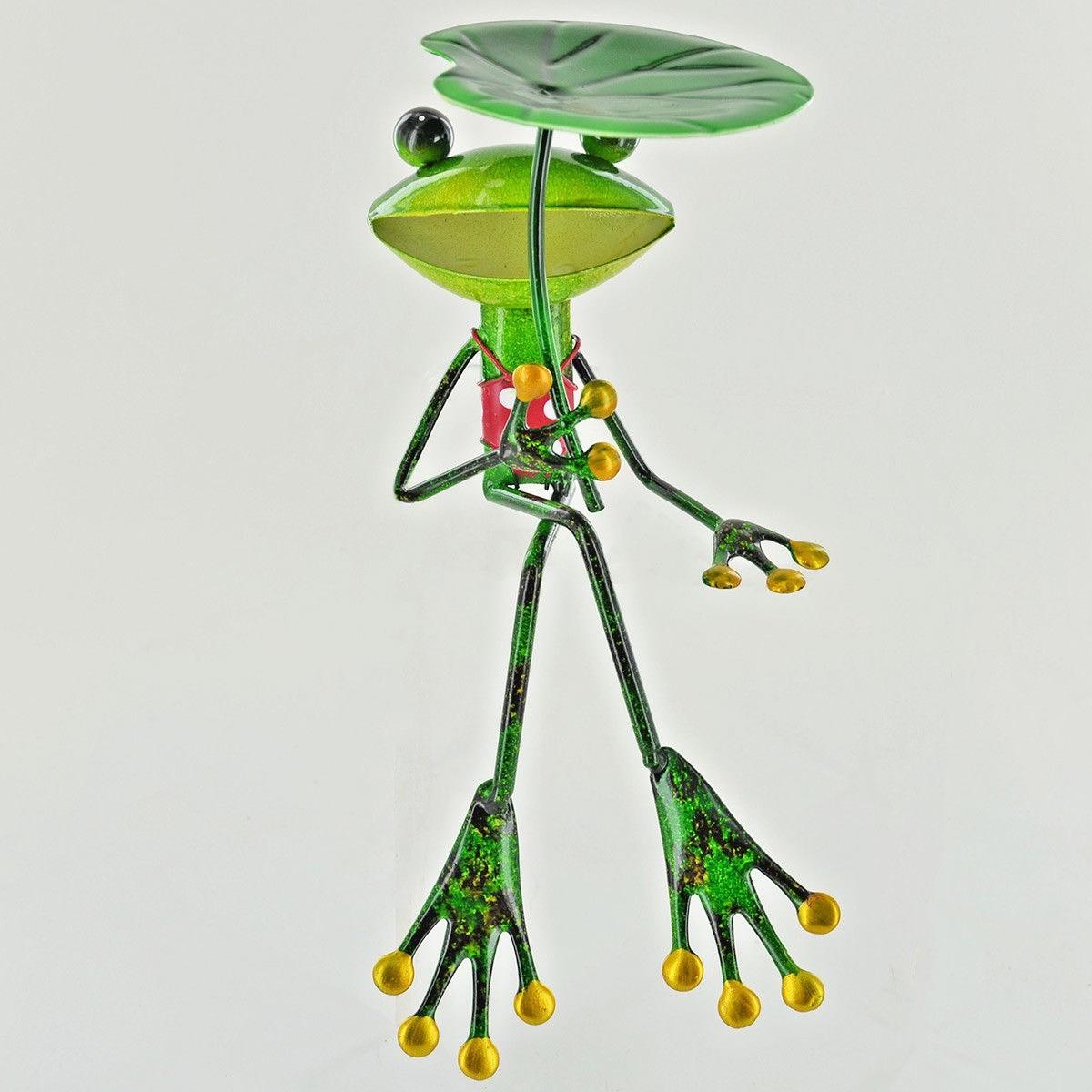 Green Metal Frog Sculpture with Leaf Umbrella Fun Novelty Sculpture Gift 24104S