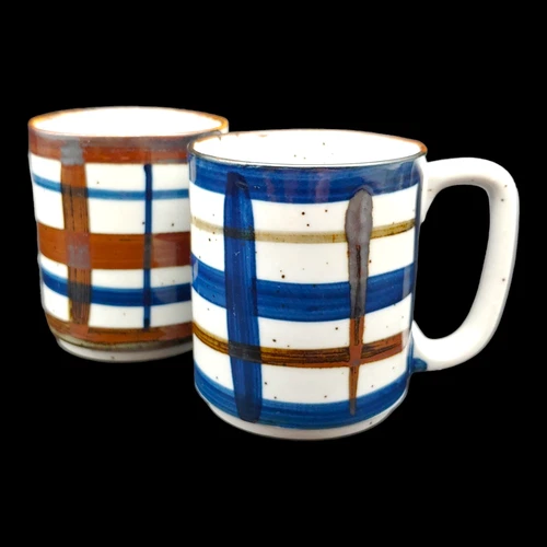 Otagiri Plaid Stoneware Coffee Mugs - 8oz Small vtg Blue Brown Striped Japan