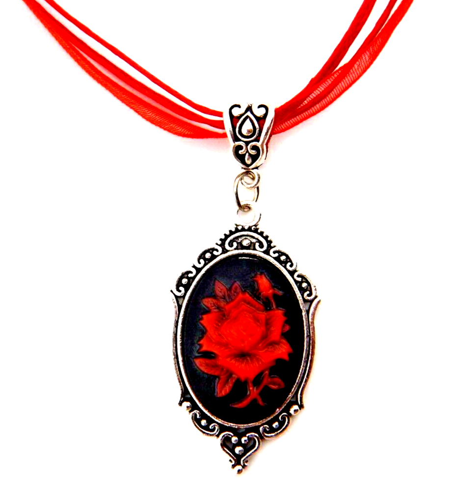 RED ROSE CAMEO CHOKER ribbon necklace, black pendant gothic