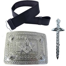 TC Scottish Masonic Chrome Kilt Belt Buckle Leather belt Celtic Pin Set 3 Pcs