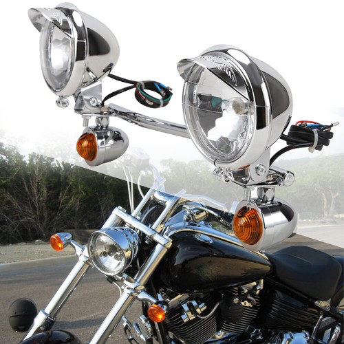 Chrome Passing Turn Signal & Driving Fog Light Bar Set For Harley Motorcycles – Amber Halogen