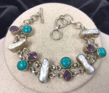 Artisan Silver Plated Chunky Wide Gemstone MOP Toggle Bracelet 8" V929