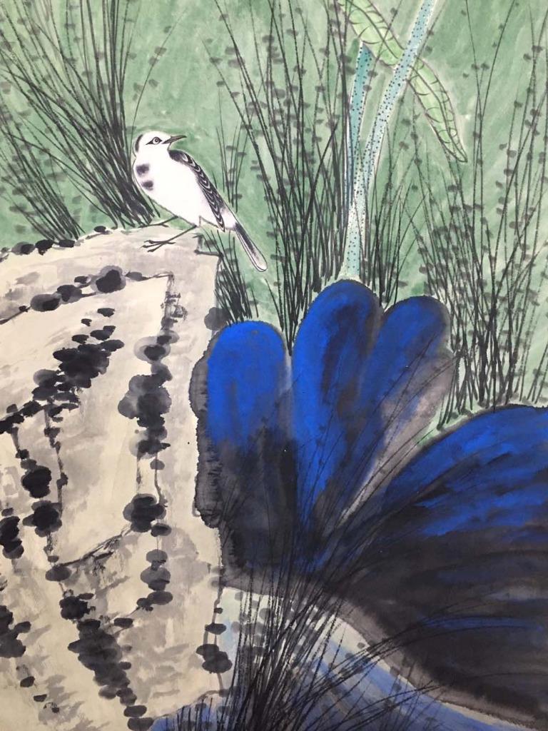 Xie Zhiliu Signed Chinese Hand Painted Calligraphy Scroll w/bird