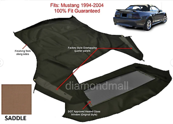 1994-04 Ford Mustang Convertible Soft Top w/ DOT Approved Glass Window, Saddle — 第 2/4 张图片