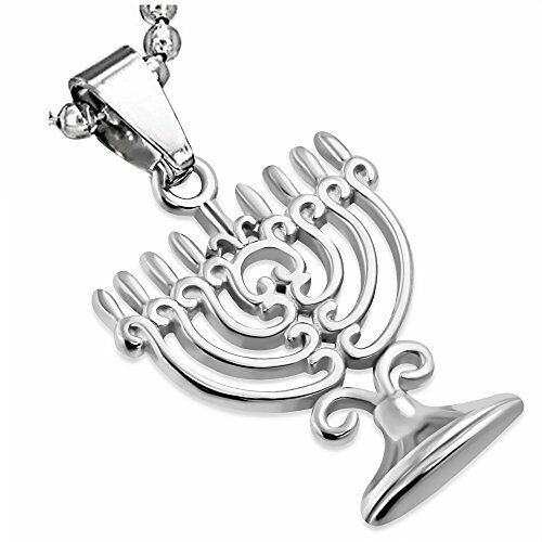 Stainless Steel Silver-Tone Menorah Hanukkah Pendant Necklace - Picture 1 of 5