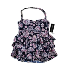 ISLAND ESCAPE Bandini Swimsuit Top Womens 10 Navy Floral Stretch Removable Cups