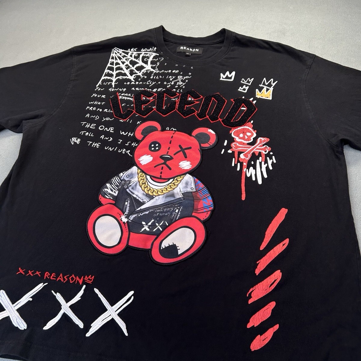 Reason Men's T-Shirt XXL Black Embroidered Legend Raised Teddy