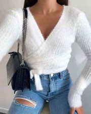 Pull Jersey Cardigan Femme Dos Nu Blanc Tressé Doux Élégant 4375