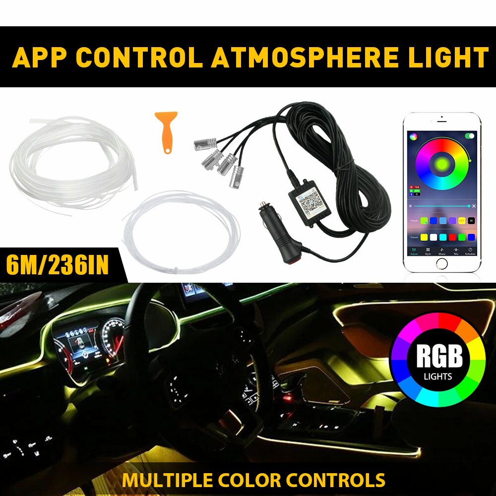 6M RGB LED Car Interior Fiber Optic Neon EL Wire Strip Atmosphere Light Kit APP