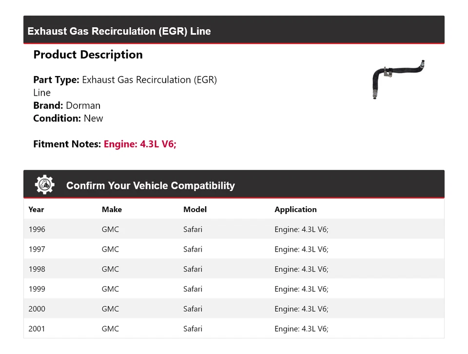 Para GMC Safari 1996-2001 4,3 L V6 Dorman línea de recirculación de gases de escape (EGR) Foto 2 de 4