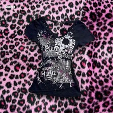 Y2K Grunge Graphic Top ? Skull Print Studded V-Neck Tee size meduim
