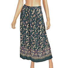Vintage Forest Green Paisley Maxi Skirt M Pleated Pull On Pockets Bohemian Hippy