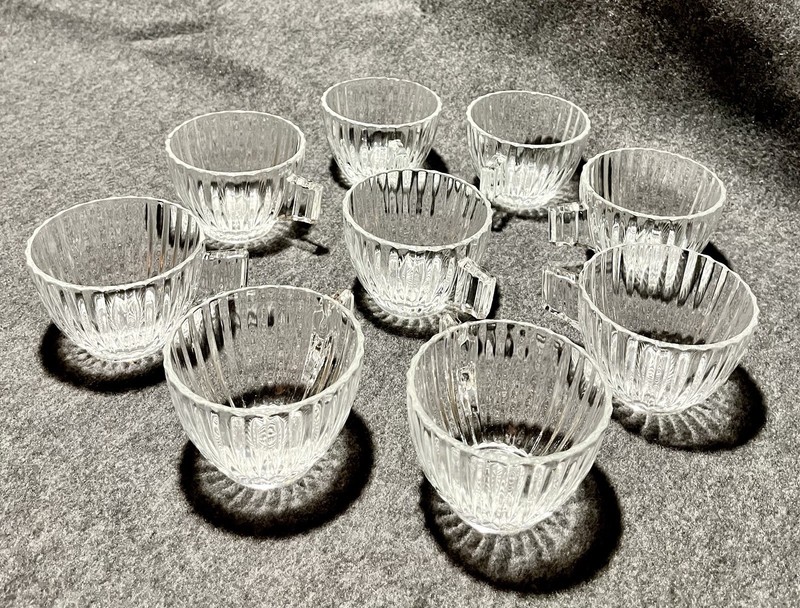 Vintage Ribbed Deco MCM Clear Glass Punch Cups  — Set Of 9