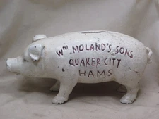 cast iron piggy bank WM MOLAND'S SONS QUAKER CITY HAMS pig heavy figure